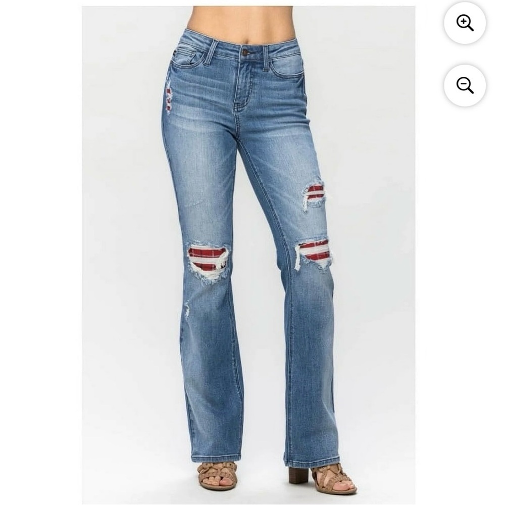 Judy Blue 5/27 Mid Rise Blue Plaid Patch Bootcut Flare Casual Distressed Jeans